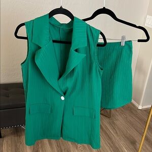 Green Sleeveless Blazer and Skirt Set